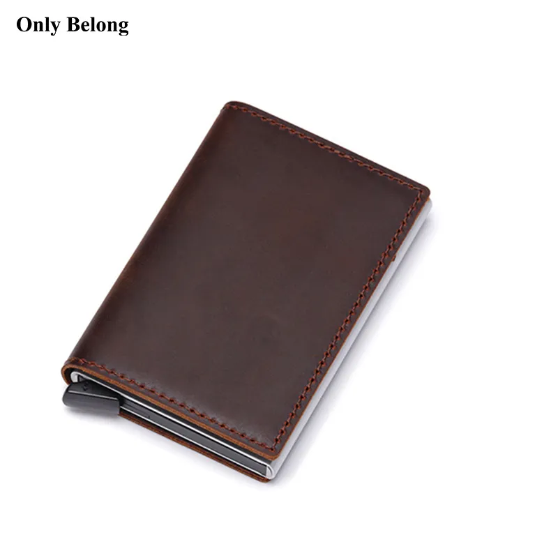 Genuine Leather Aluminum Wallet ID Blocking Wallet Automatic Pop Up Credit Business Card Case Protector