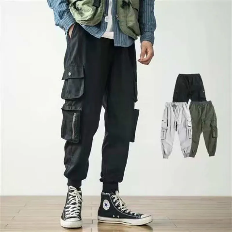 ZK Haruku Men Off Zipper White Cargo 2019 Hip Hop Multi Pockets Baggy Harem Jogger Pants Male Casual Streetwear Trousers