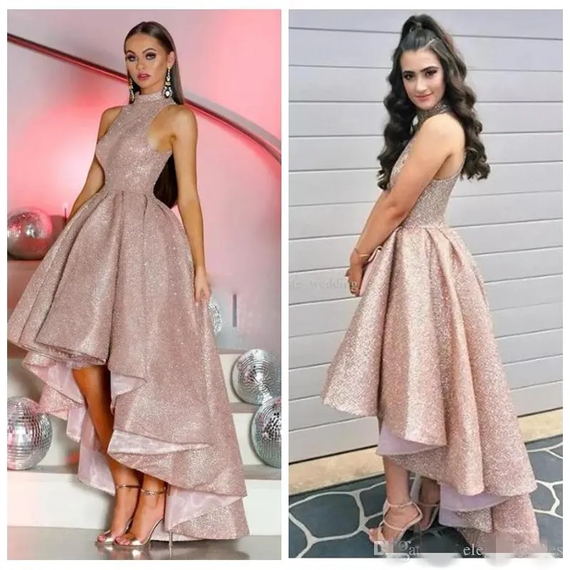 2019 Sparkly Rose Gold Pailletten Prom Dresses Hoge Lage Hoge Hals Mouwloze plooien Plus Size Custom Made Formele Avond Wear Party Jurken