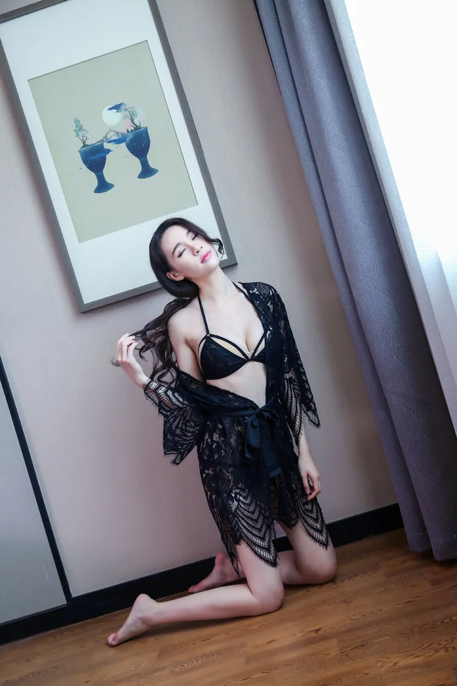Women s Sexy Lingerie Set Red Printed Kimono Bathrobe Gathered Transparent Skirt Short Skirt Fun Set