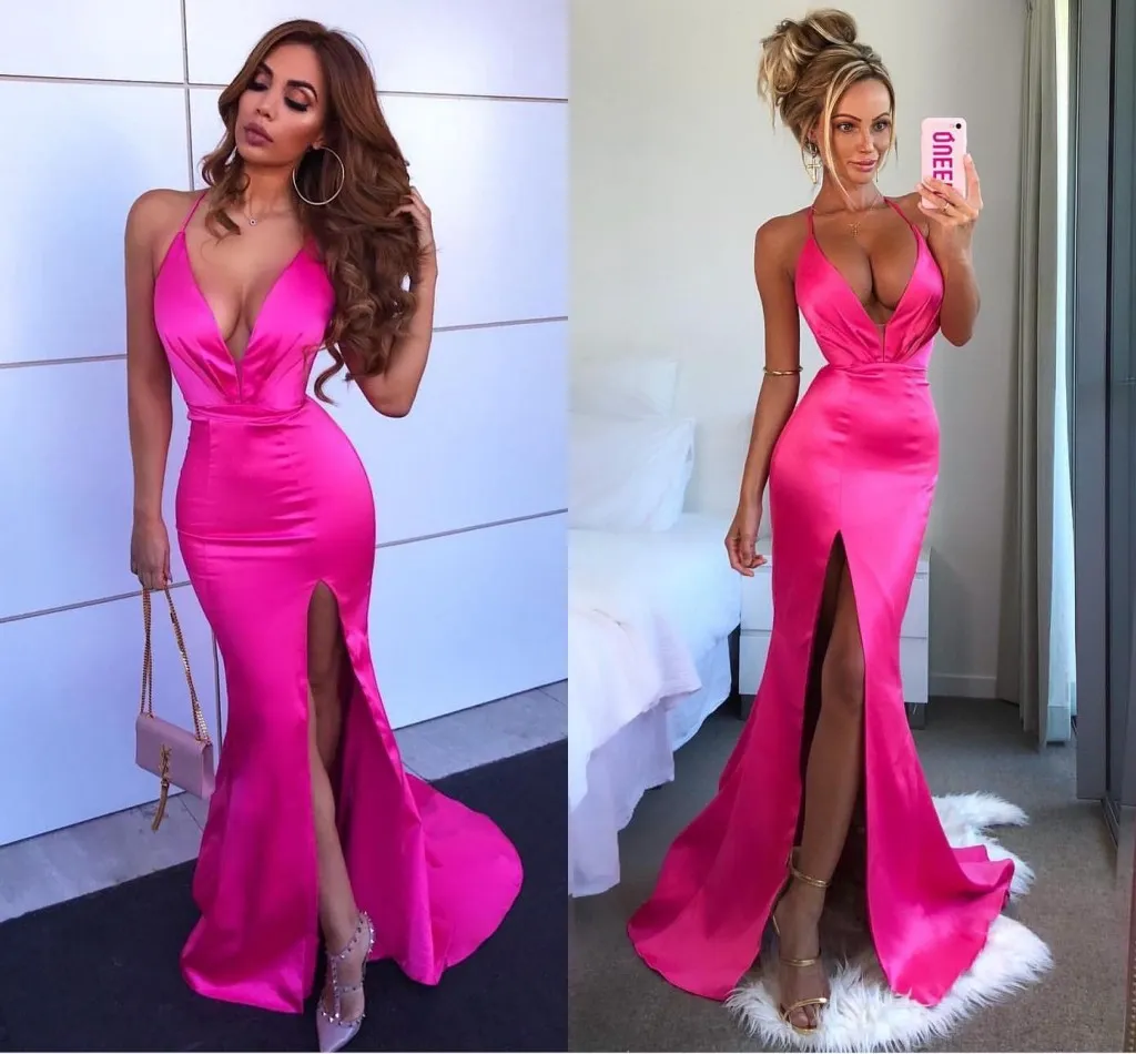 2019 New Fuchsia Sexy Deep V Neck Long Prom Dresses Straps Spaghetti Backless Mermaid High Split Evening Party Cheap Gowns BM0900