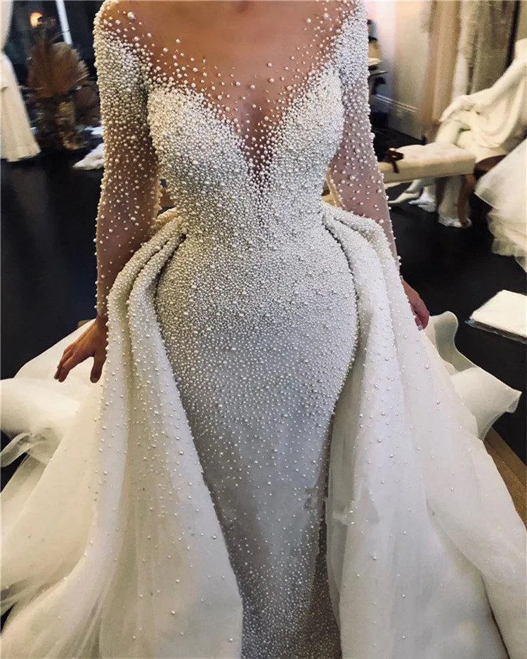 2024 Luxury Full Pearl Beaded Mermaid Wedding Dresses With Detachable Train Vintage Long Sleeves Saudi Arabic Plus Size Bridal Gown
