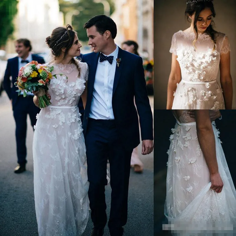 2019 Vintage Lace A Line Robes Bateau manches courtes Fleurs faites à la main avec Ribbon Garden Country Robes de mariage Vestido de Novia