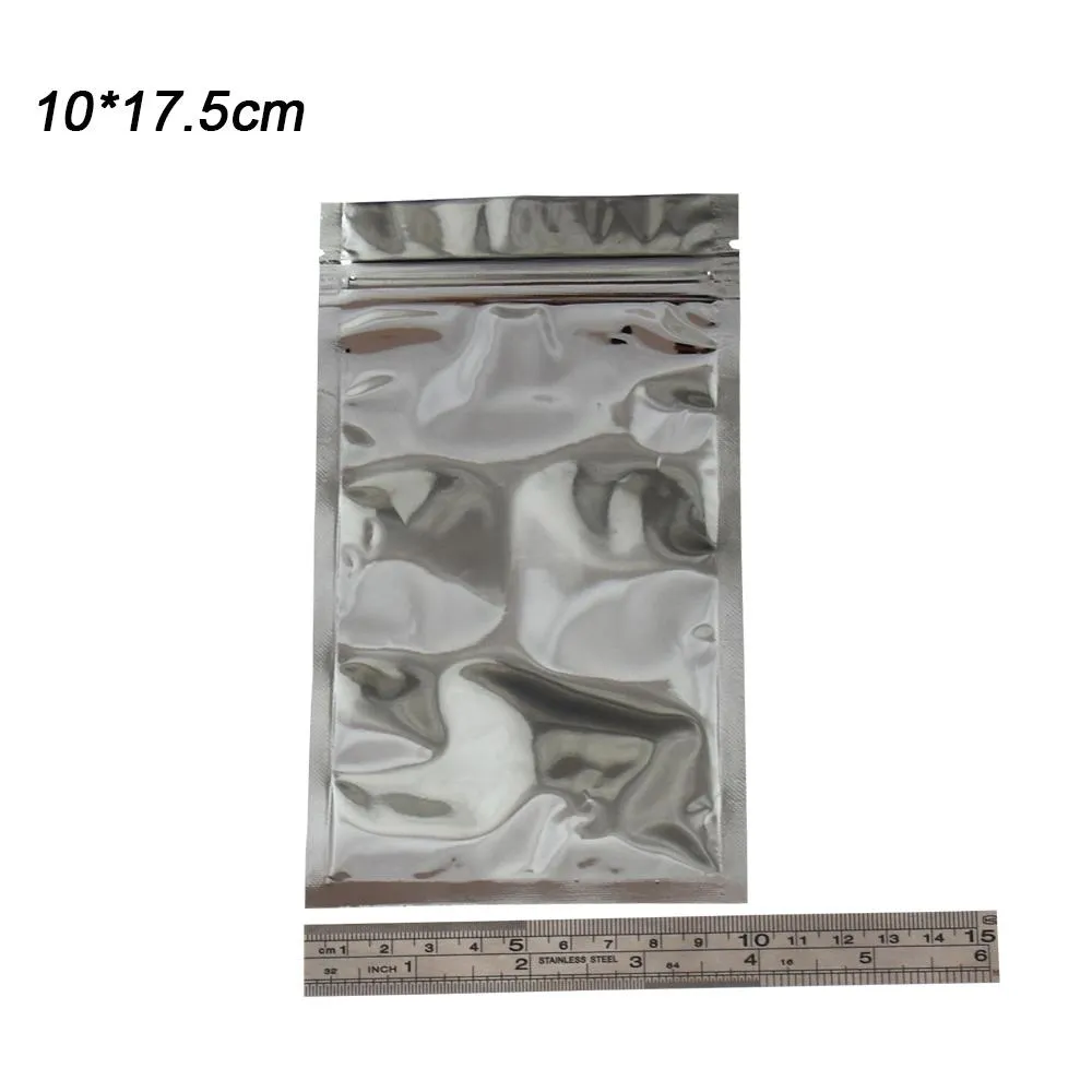 Bolsas de embalaje Mylar de papel de aluminio plateado frontal transparente de 10x17,5 cm, bolsa de embalaje con cremallera de plástico transparente al por menor, paquete de bolsas de calidad alimentaria