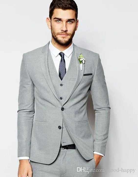 Styles Light Grey 3 Piece Suit Groom Tuxedos Bridegroom Groomsmen Blazer Men Wedding Business Party Prom Suits(Jacket+Pants+Tie+Vest) 1188