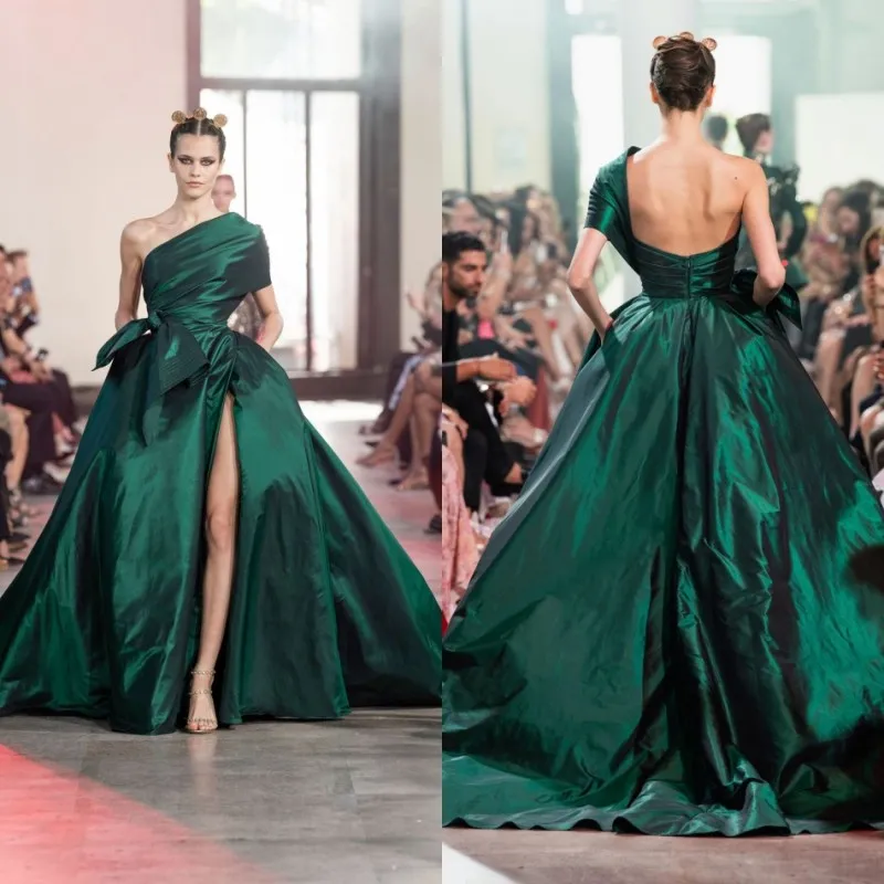 Elie saable um ombro vestidos de noite cetim vestido de baile de baile longo Dividir Dubai Arábico Pageant festa