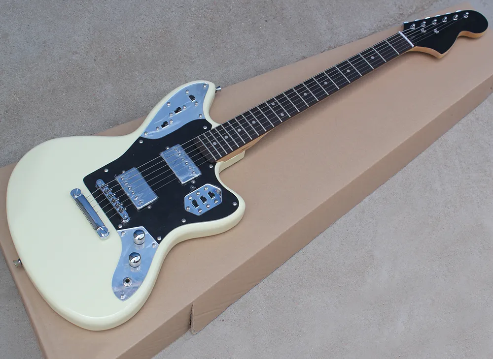 Fabriek groothandel crème elektrische gitaar met 22 frets, zwarte pickguard, ijzeren pickups, palissander fretboard, met aangepaste service