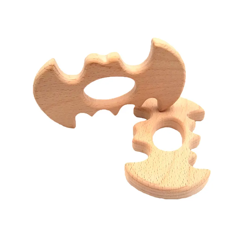 10PCS Beech Wooden Batman Teether Unfinished Wood Animal Food Grade Baby Wood Ring Teether DIY Nursing Necklace Charms Pendant