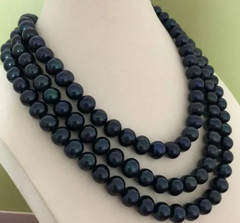 Livraison gratuite brins simples 9-10mm Black Blue pearl necklace 46 inches 14k