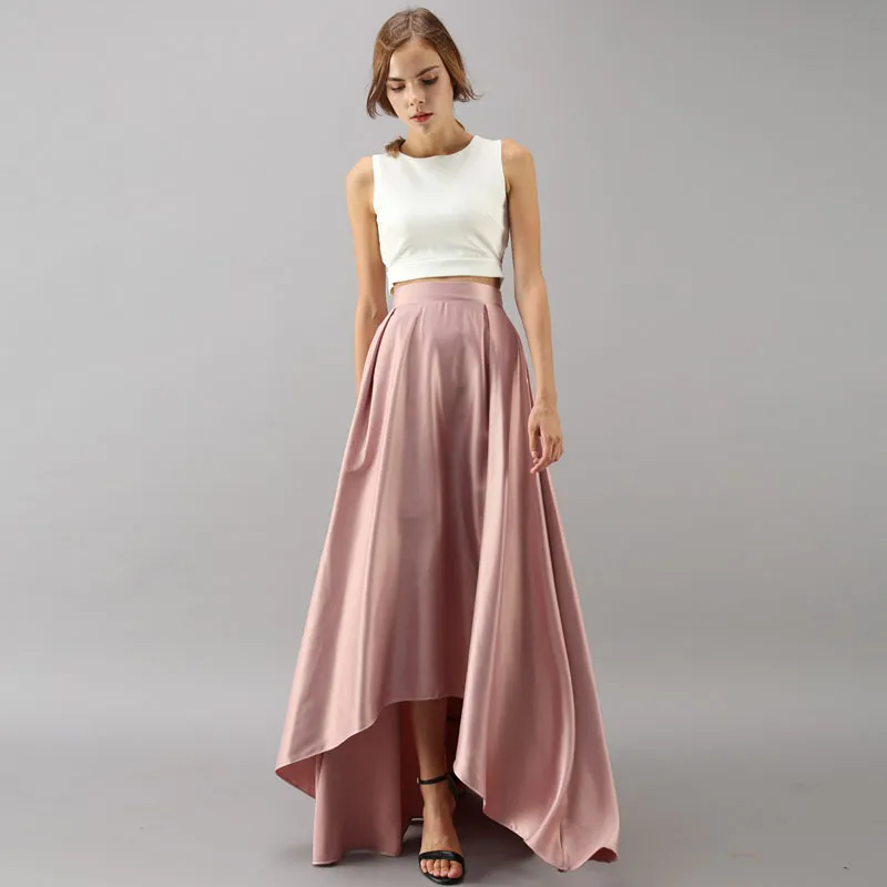 Élégant haut bas longue jupe taille haute Satin Blush rose plissé longue jupe une ligne sur mesure formelle fête tenue de bal