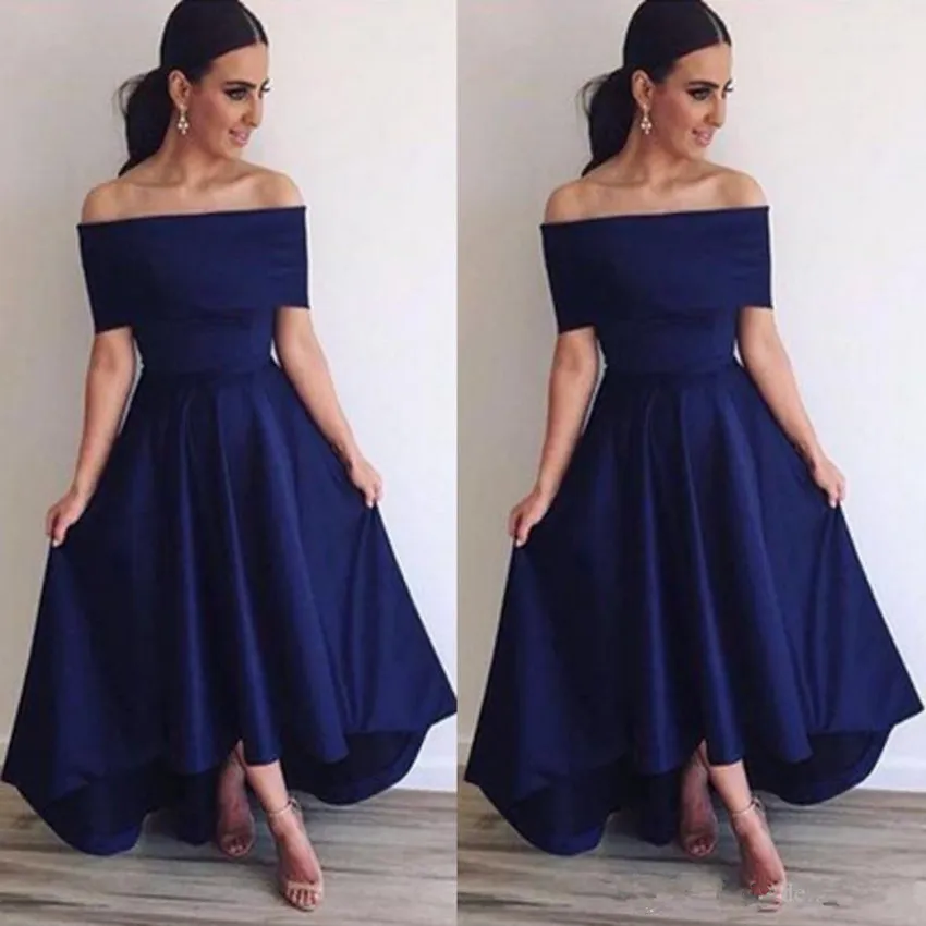 2020 New Fall Royal Blue Off Shoulder Bridesmaid Dresses A Line Backless Hi Lo Style Simple Prom Dresses Formal Evening Party Gowns 4661