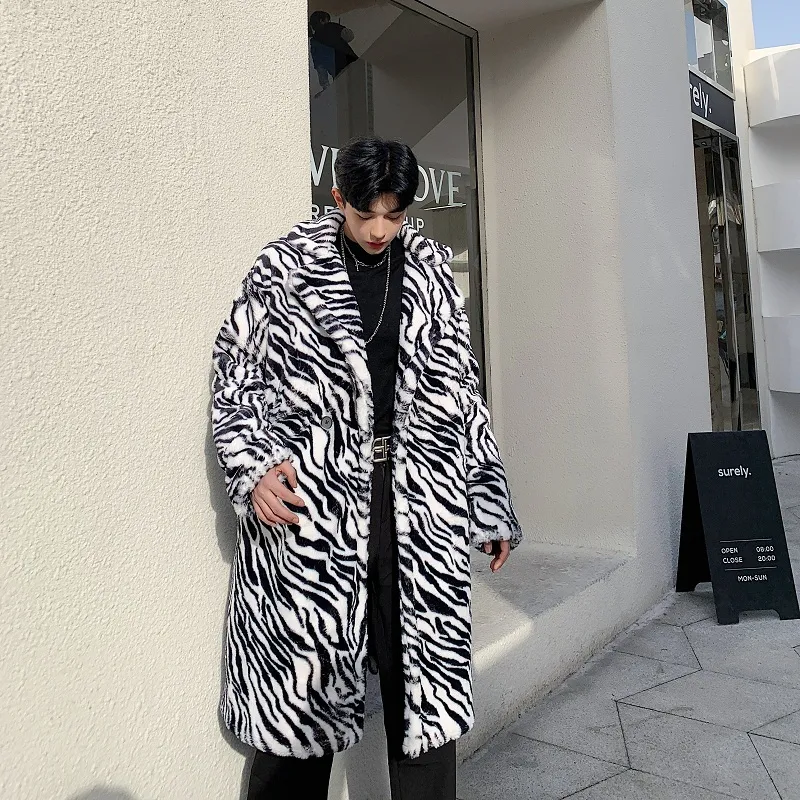 Vinter förtjockad zebra print coat män varm mode parka män bomull lång kappa mens streetwear vild lös jacka manliga kläder