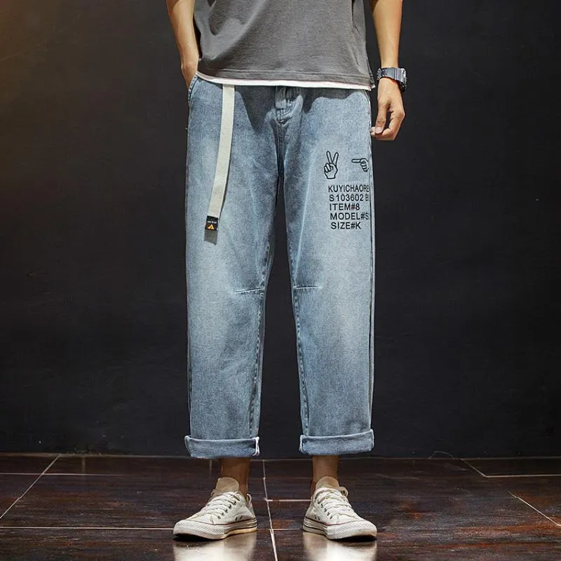 Jeans da uomo Stile Hong Kong Uomini sottili Pantaloni larghi dritti a nove punti Studenti coreani Selvaggio Casual Studente hip-hop a 9 punti1251Z