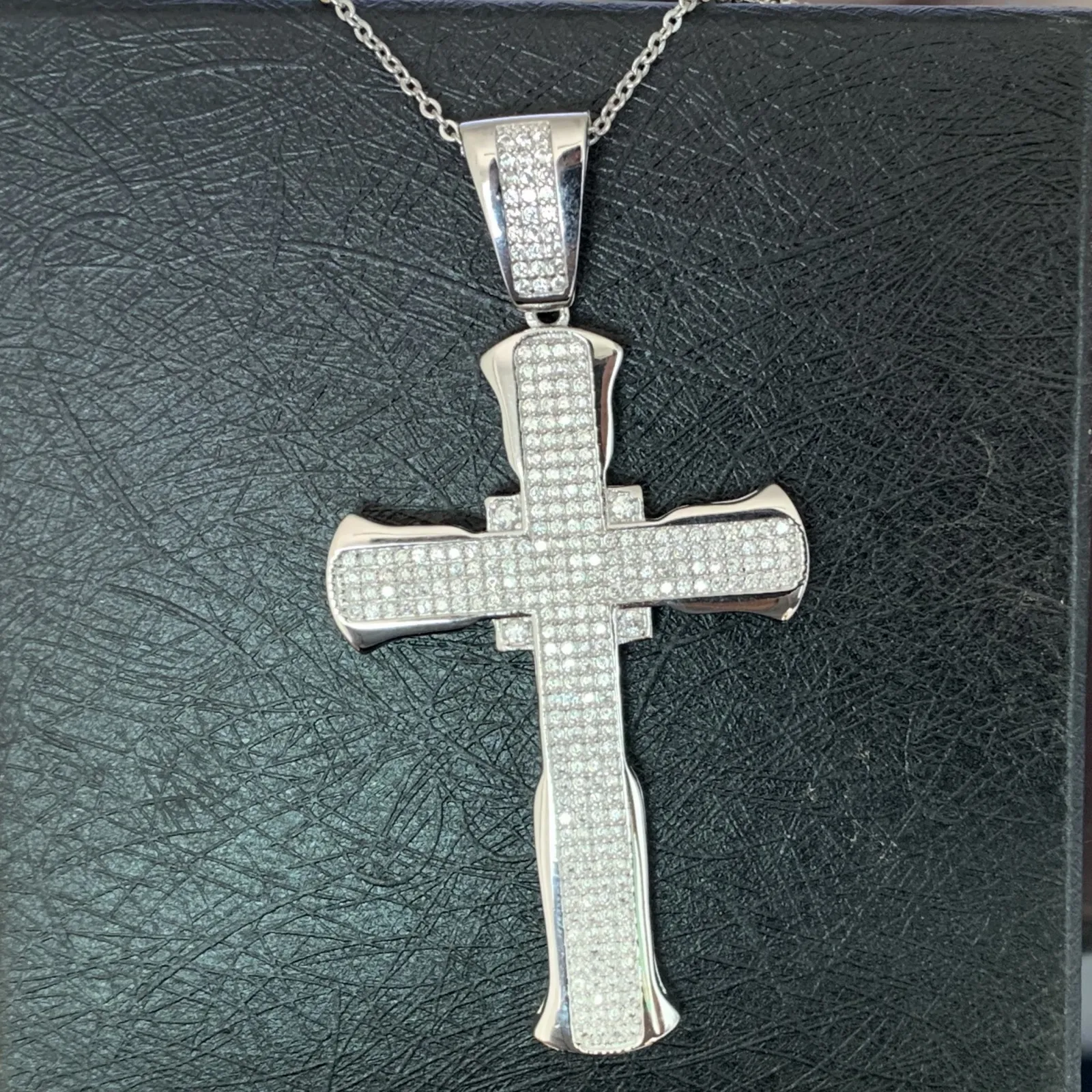 925 Silver Cubic Zirconia Encrusted 3 Cross Pendant 24 Grams *READ DESCRIPTION