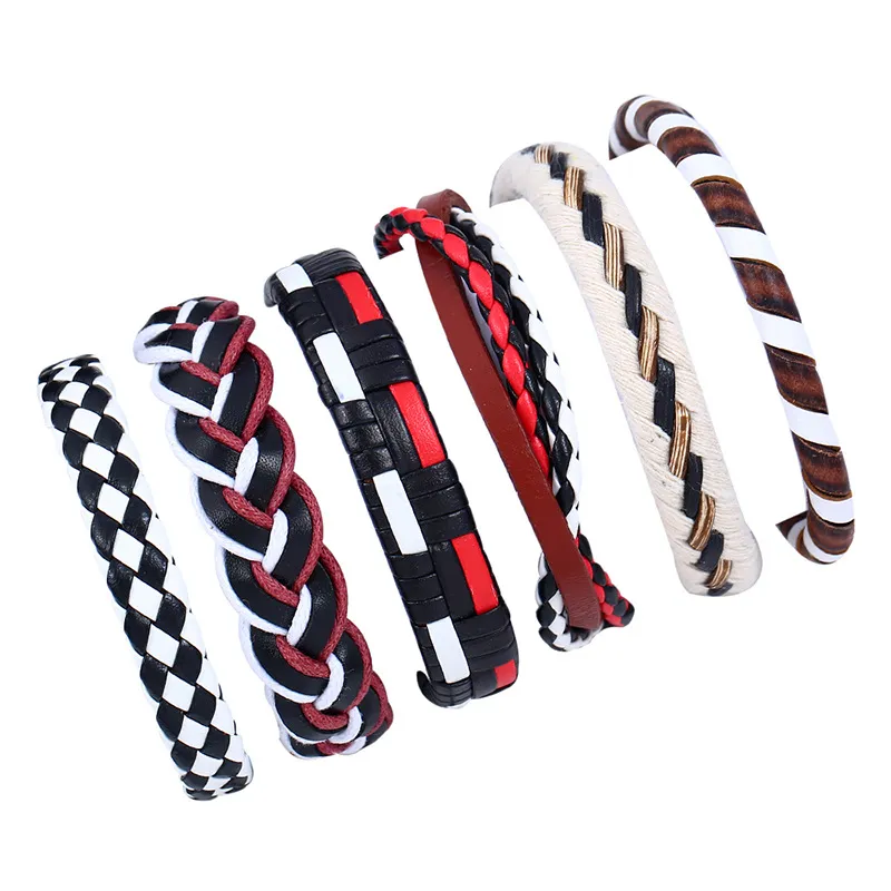 Simples de pulseiras de couro genuínas 6 pçs / conjunto Moda Multicamada Trançado Weaved Wrap Jóias para Mulheres Vintage Mens Pulseiras Charme Cuff Bangle