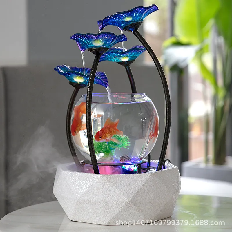 Glass Gold Fish Tank Fountain For Living Room And TV Rotating Desk