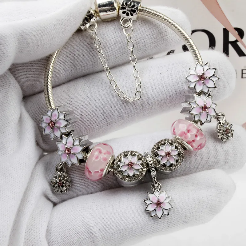 All'ingrosso-925 Braccialetti con ciondoli in vetro di Murano Bracciale con ciondolo magnolia per donna Stile originale gioielli fai da te adatto Pandora con corona