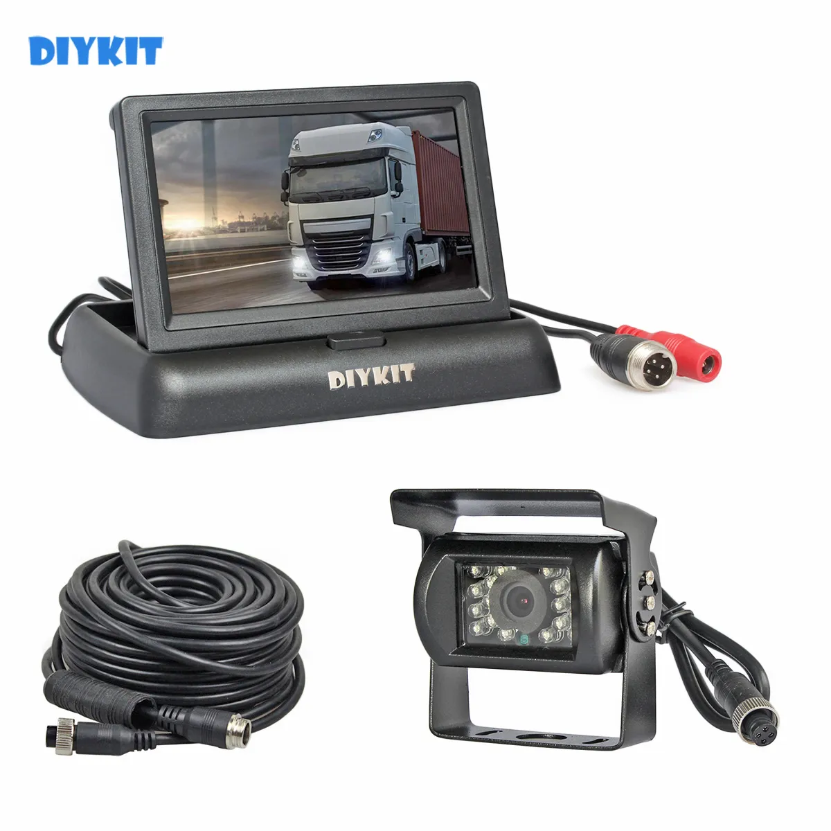 DIYKIT DC12V-24V 4PIN 4.3inch Reverse Rear View Car Monitor Waterproof CCD Night Vision Bus Truck Camera free car charger