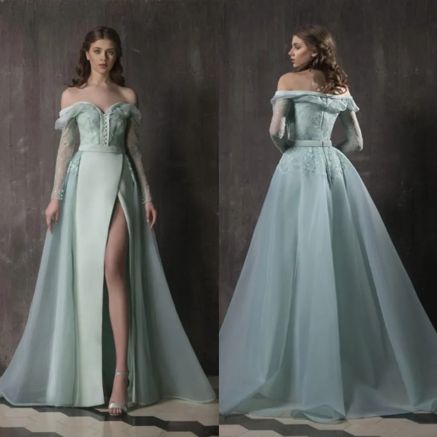 Sage Green Off the Shoulder Tulle Lace Prom Dress with Ruffles main image 1