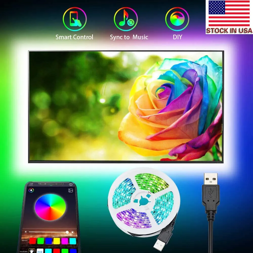 الإضاءة الخلفية TV LED 9.8ft LED أضواء الشريط مع التحكم في تطبيق Bluetooth ل 46-60 بوصة التلفزيون 16 مليون ألوان حساسة ميكروفون محول USB بالطاقة