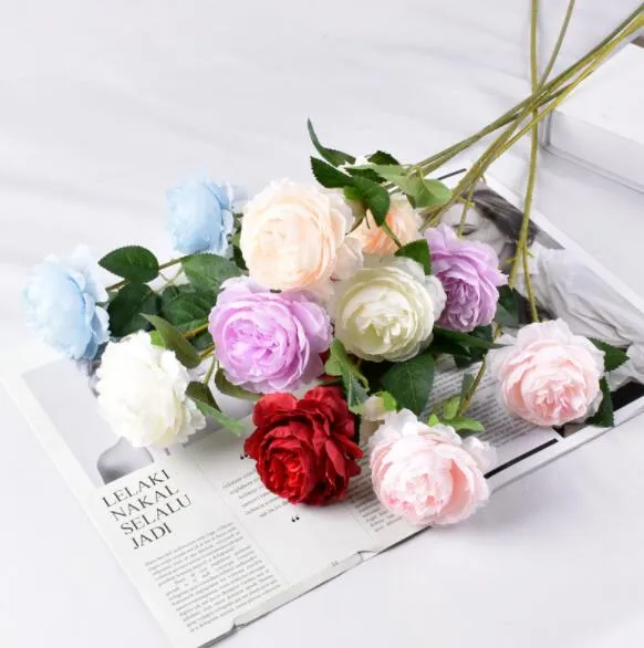 Fiori artificiali Rosa artificiale a tre teste, rosa vera, rosa decorativa Bouquet di rose di fiori artificiali da sposa di alta qualità
