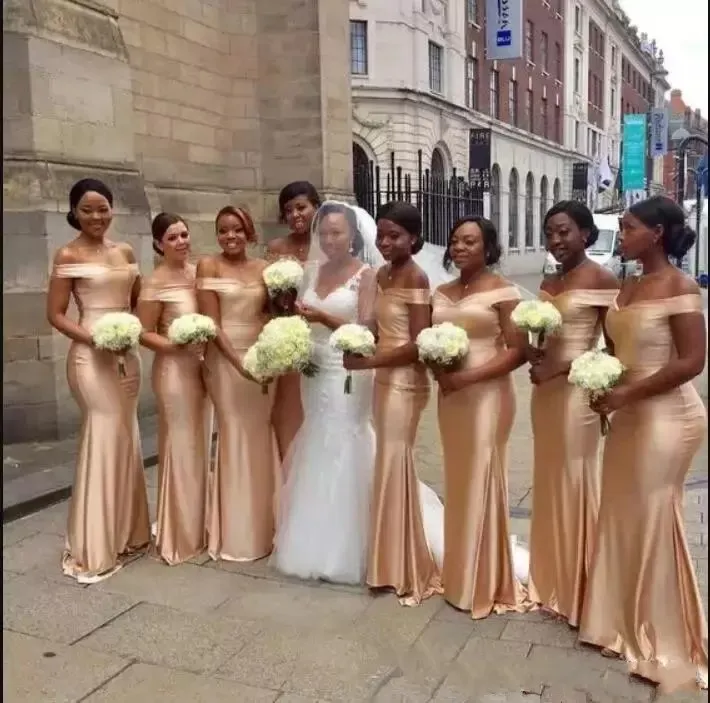 2019 Nowe Gold Druhna Dresses Sexy Off Ramię Syrenka Długość Na Ślub Gościnna Dress Plus Size Party African Formalna Maid of Honor Suknie
