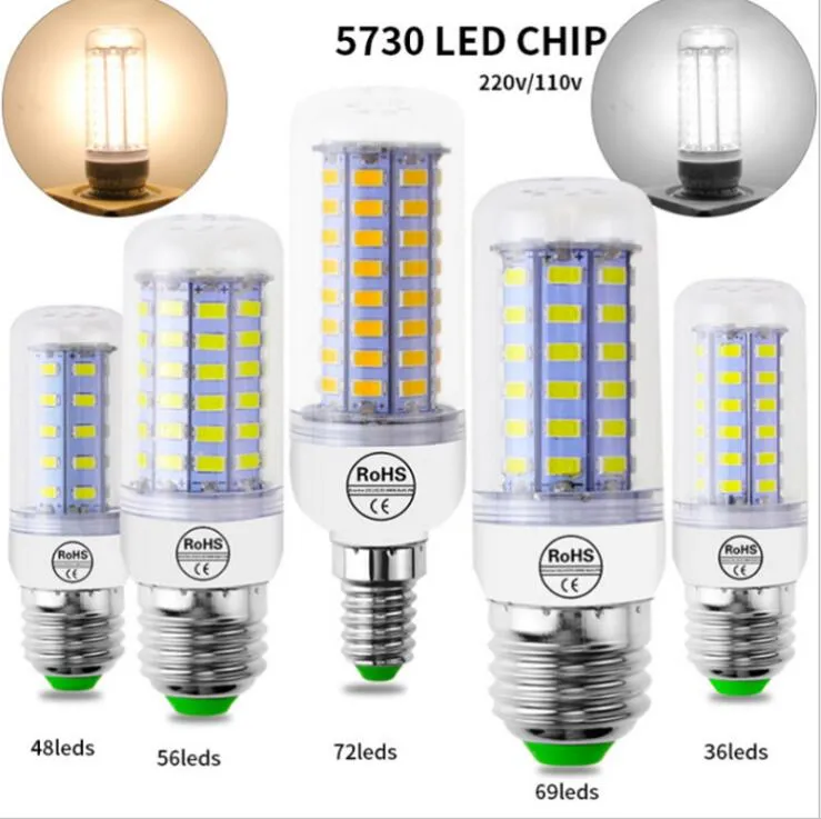 LED-lampa 10PC / LOT LED-ljus 220V LED-lampa 48/56 / 69LEDS Corn Light SMD 5730 Lampada Nej Flimmer Light för heminredning.