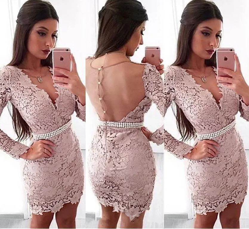 Mini robe de Cocktail en dentelle avec perles col en V transparent boutons transparents au dos robes speciales de fete 2020