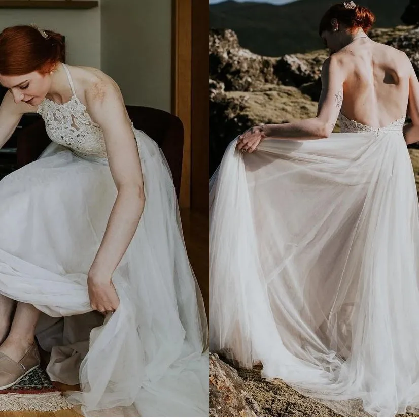 2020 Boho Beach -jurken Lace Applique Sweep Train Tule Backless Halter Custom Made Country Wedding Jurk Vestido de Novia