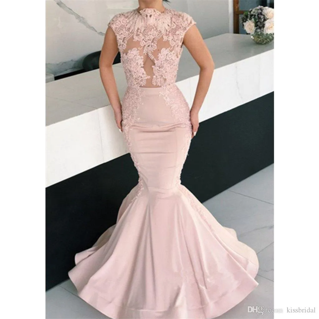 Elegant Blush Pink Mermaid Prom Dresses Long Sexy See Through Bodice High Neck Beaded Spets Aftonklänningar Kändis Formell festklänning 2024