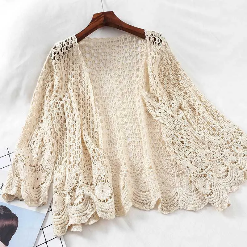 Women's Sweaters Open Lace Cardigan Crocheted Hollow Out Shrug Female Casual White Flower Floral Stitch Women Sweater Loose Knitted Outwear