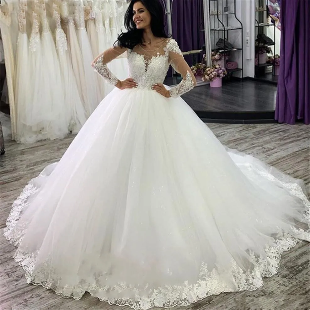 Luksusowe Koronki Suknie Ślubne Suknie Ślubne Sheer Neck Długie Rękawy Aplikacje Suknia ślubna Suknie ślubne Vestidos de Novia Robes de Mariée