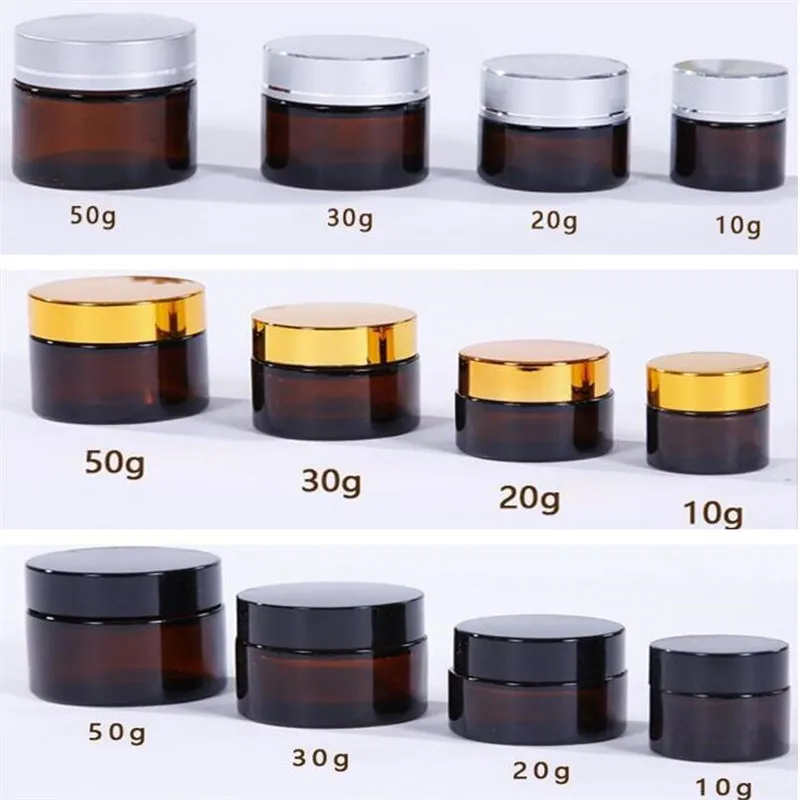 5g 10 g 15 g 20g 30 g 50g Amber bruine glazen fles gezicht crème jar navulbare flessen cosmetische make -up opslagcontainer met gouden zilveren zwarte deksels