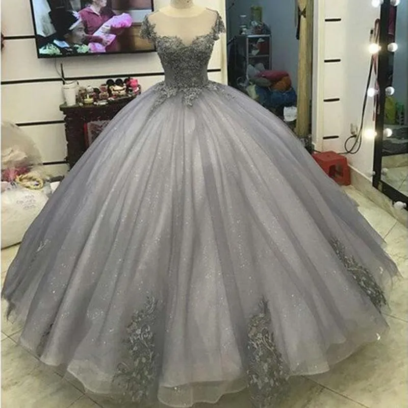 Glitter Grey Silver Ball Gown Princess Prom Dresses With Lace Appliques For Masquerade Ball And Sweet 16 From Luxurious dress 119.6 DHgate.Com