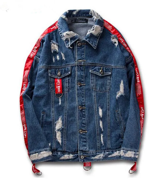 2018 Mens hi-street hip-hop Denim Jacket Fashion Ripped lavé lâche noir bleu Vestes Homme