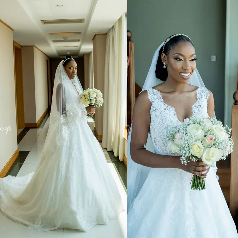 Classique A-ligne pleine dentelle robes de mariée africaine col en V dos nu Aso Ebi Wendding robe de mariée balayage train pas cher robe de bal de mariage blanc