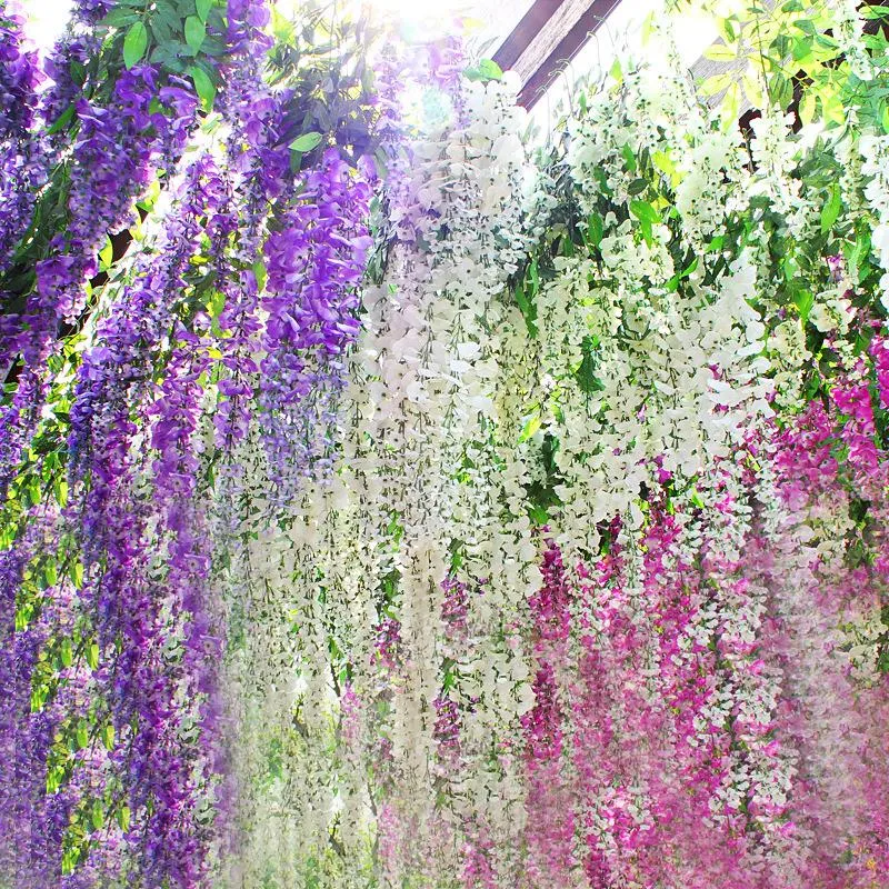 Bröllopsdekorationer vit grön lila fuchsia konstgjorda blommor simulering wisteria vinrankor dekorationer långa korta siden växt bukett rum bröllopsträdgård