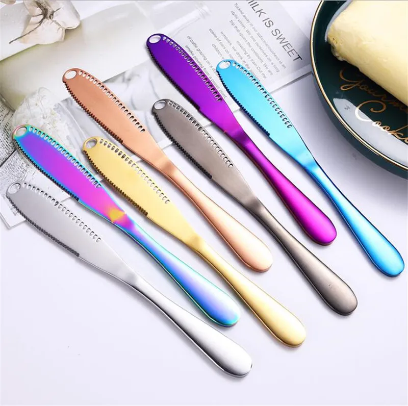 7 Colors stainless steel gilded high-grade bread jam butter knife with holes Western steak knife tableware wipe cream cheese knives