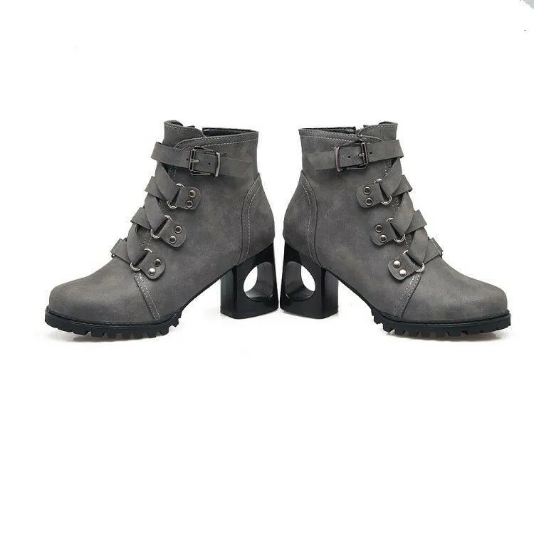 Stylish Designer Ankle Martin Boots Round Toe Rivets Buckle Shoes Women Hollow 6 CM Chunky Heels Antiskid Solid Booties