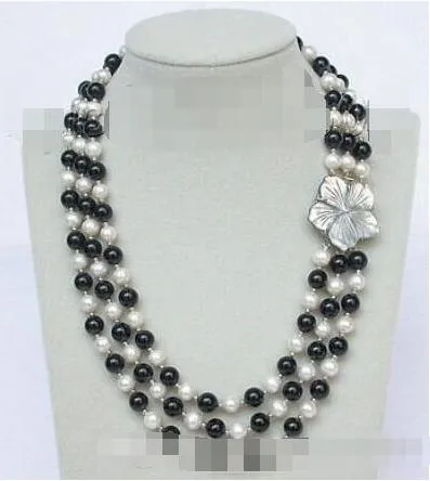 Véritable collier en agate noire, perles rondes d'eau douce blanches, 17 à 20 pouces, 8mm, 3 rangées, e1780