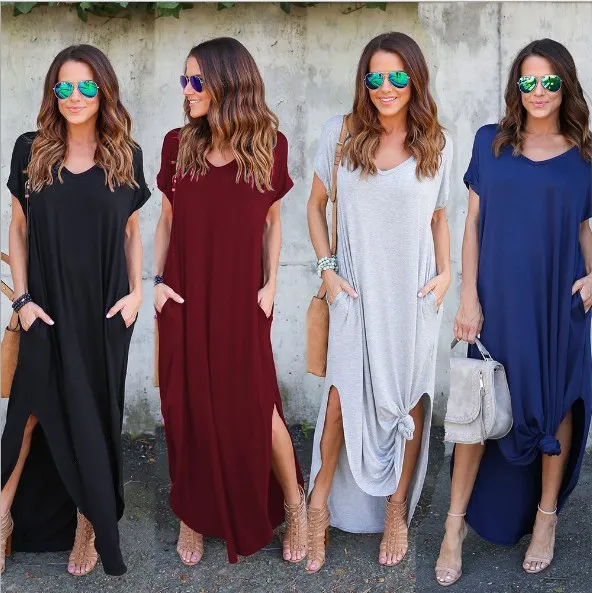 S-5XL Women Summer dresses Clothes Stylish Pullover Maxi Dress A type knit Casual Long Dress Short Sleeve Backless Lady Clothing Pocket