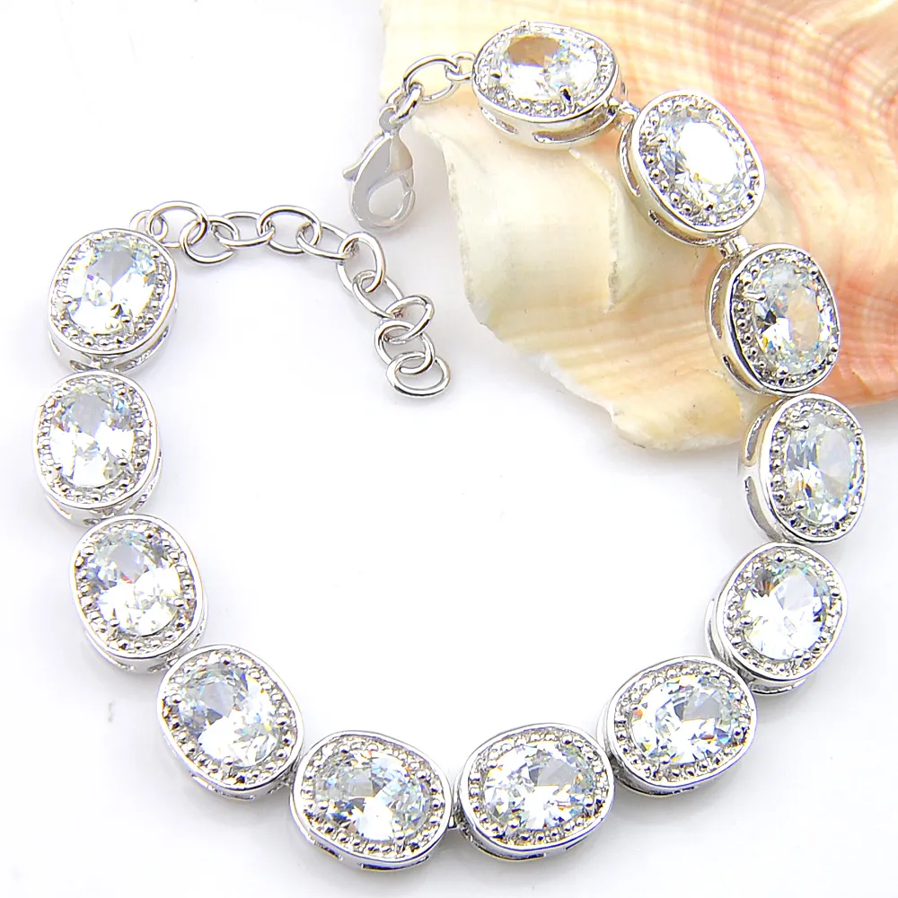 LuckyShine Exquisite Beyaz Zirkon Bilezikler Oval Yangın Topaz Taşlar 925 Gümüş Bilezik Bilezik Severler Takı Düğün Bilezikler 8 inç