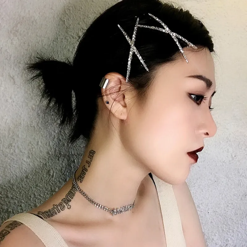 2ピース韓国光沢のある銀のラインストーンの毛のピンクリスタルX字型のヘアクリップ女性の女の子のバレットvヘアグリップヘアファッションジュエリー