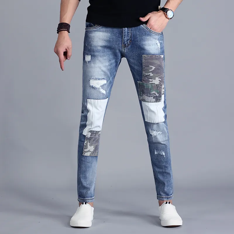 Yaz Yama Kot Pantolon Erkekler Streetwear Mavi Ince Jean Patchwork Streç Denim Pantolon 2020 Moda Slim Fit Sıkıntılı Pantolon