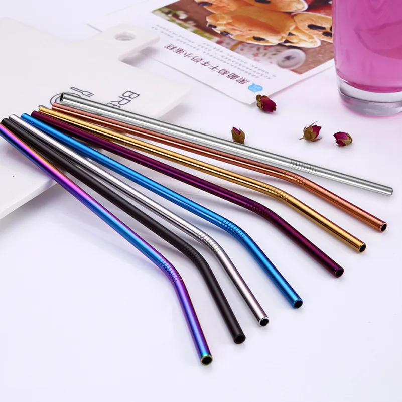 Rainbow Straight Bend 304 Stainless Steel Metal Reusable Drinking Straw Tumbler Cup Drinking Tool Drop Ship