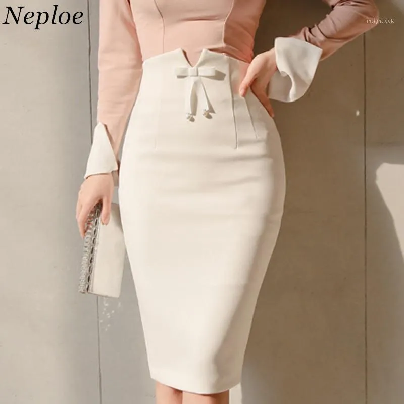 Saias mulheres saia lápis saco de cintura alta anca gravata laço senhoras elegante fino joelho-comprimento branco plus size skirt1