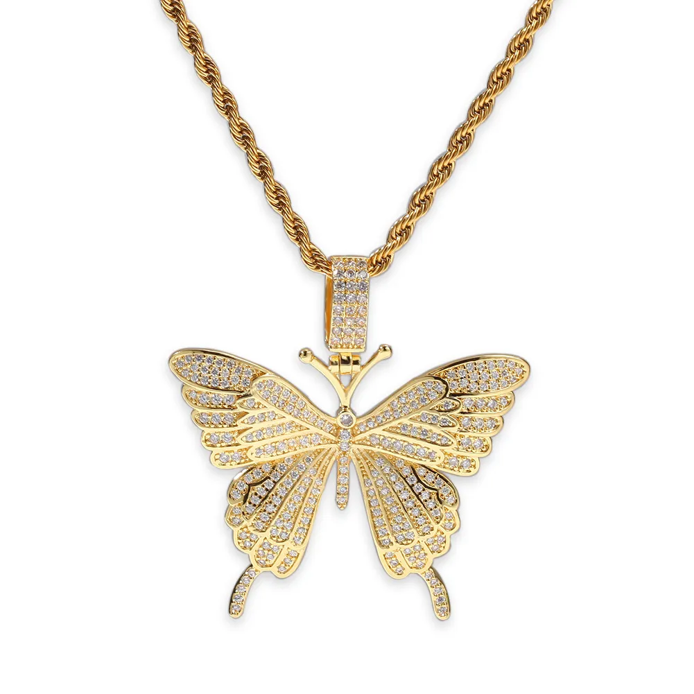 Hiphop Mens Pendant Necklace 24inch Stainless Steel Chain Gold Plating 3A Cubic Zirconia Butterfly Pendants Necklaces Men Women Hip Hop Necklace Silver Pink