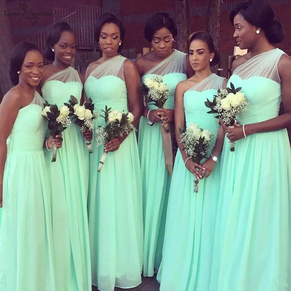 One Shoulder Mint Green Bridesmaid Dresses Pleats Floor Length Chiffon Long Maid Of Honor Dress Wedding Guest Gowns Cheap