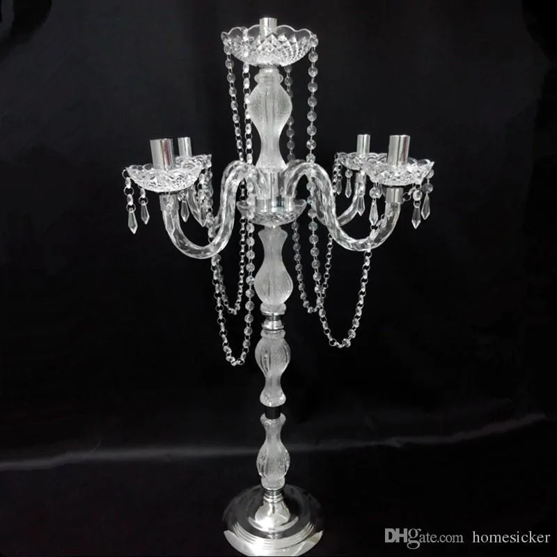 10 pièces 90 cm de hauteur candélabres en métal acrylique à 5 bras avec pendentifs en cristal porte-bougie de mariage pièce maîtresse décor de fête