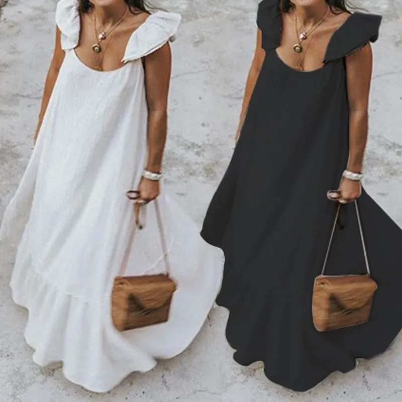 Womens 2020 Summer ruffles sundress kvinnor bohemian solid maxi klänning casual lös kvinnlig ärmlös mantel långa vestidos plus storlek